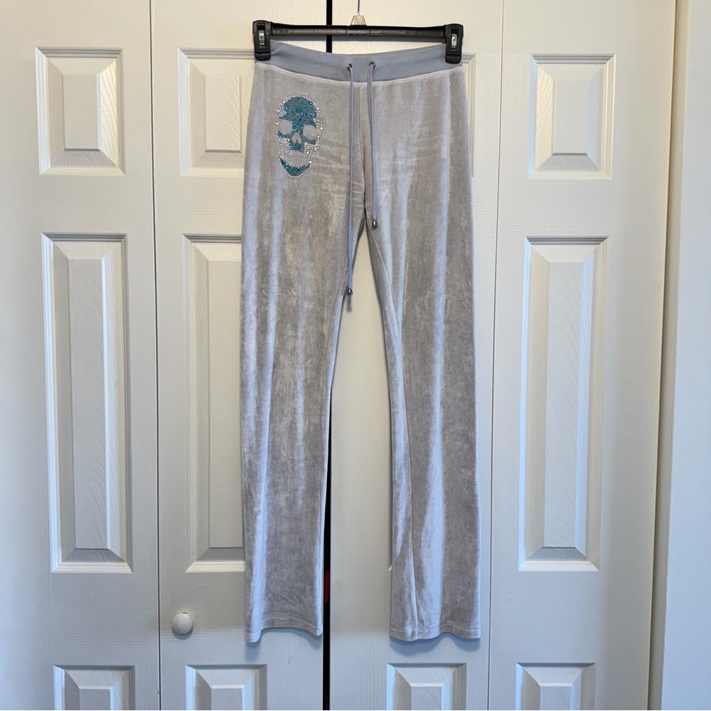 Philipp Plein Gray Velour Pants with Teal Crystal Skull Logo, Size S